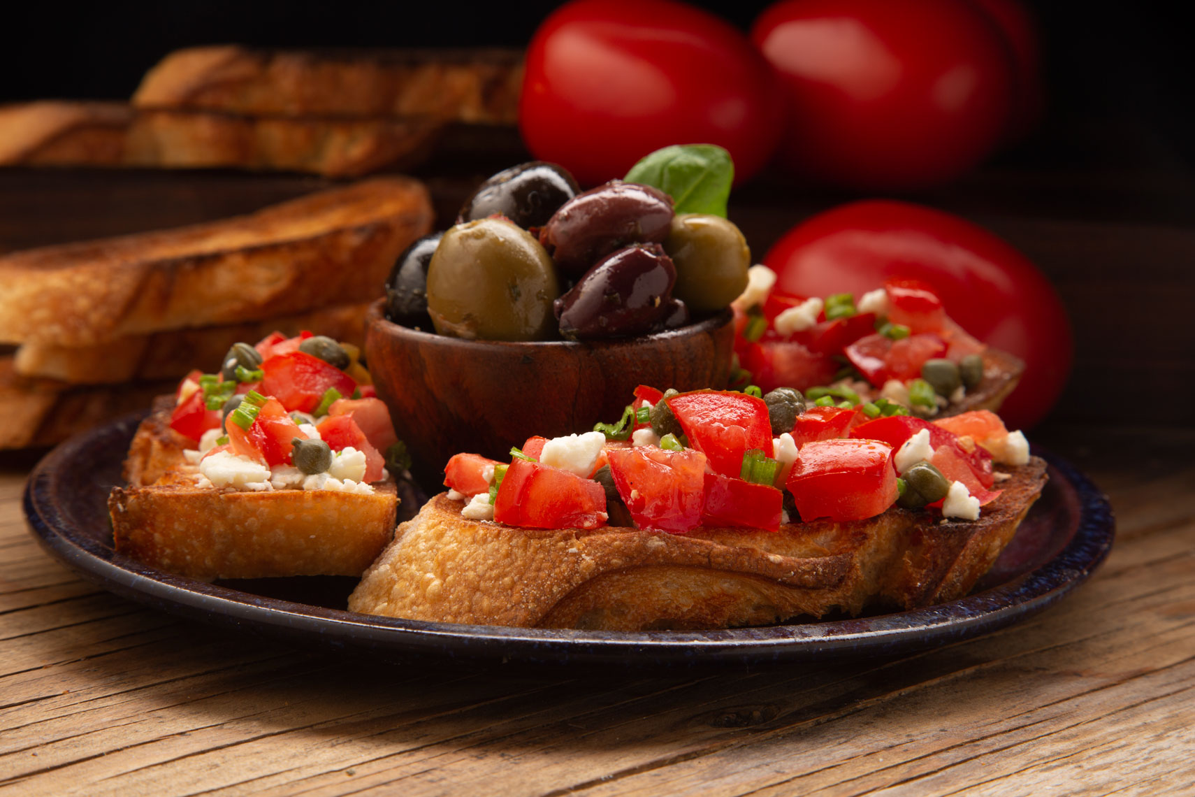 Bruschetta with olives and french bread